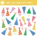 Find two same party hats. Holiday matching activity for children. Funny educational Birthday logical quiz worksheet for kids.