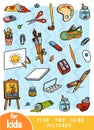 Find two the same pictures, game for children. Color set of artists objects