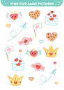 Find two same pictures. Love, candy, paper airplane, flag, cookie. Game for children. Cartoon, vector