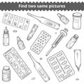 Find two same pictures. Medical vector black and white set