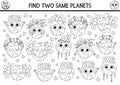 Find two same planets. Ecological black and white matching activity for children. Eco awareness educational quiz worksheet for