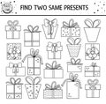 Find two same presents. Holiday black and white matching activity for children. Funny outline educational Birthday party logical