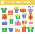 Find two same presents. Holiday matching activity for children. Funny educational Birthday party logical quiz worksheet for kids.