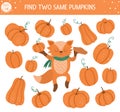 Find two same pumpkins. Autumn matching activity for children. Funny educational fall season logical quiz worksheet for kids.