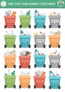 Find two same rubbish containers. Ecological matching activity for children. Eco awareness educational quiz worksheet for kids for