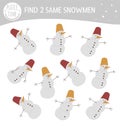 Find two same snowmen. Winter matching activity for preschool children. Funny game for kids with cute funny character