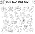 Find two same toys. Black and white Christmas matching activity for children. Funny educational winter logical quiz worksheet for