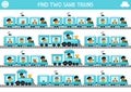 Find two same trains. Transportation matching activity for children. Railway transport educational quiz worksheet for kids for