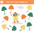 Find two same umbrellas. Autumn matching activity for children. Funny educational fall season logical quiz worksheet for kids.