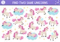 Find two same unicorns. Magic world matching activity for children. Fantasy or fairytale educational quiz worksheet for kids for