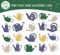 Find two same watering cans. Garden or farm themed matching activity for preschool children with cute pots. Funny spring game for