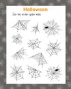 Find two similar Halloween spider webs educational activity for children, outline hand drawn vector illustration Royalty Free Stock Photo