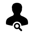 Find user icon vector male person profile avatar with magnifying glass symbol in flat color glyph pictogram