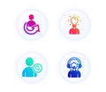 Find user, Share and Education icons set. Support sign. Search person, Referral person, Human idea. Vector