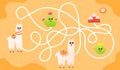 Find way game for kids with cute llama characters, puzzle for worksheet ot children books with cactus and alpaca