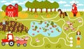 Find way game for kids with farmer girl and tractor with animals, pond with ducks and barn, harvest and animals