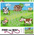 find the way maze game with cartoon cows farm animals