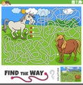 find the way maze game with cartoon horses farm animals