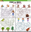 find the way maze games set with cartoon children and animals