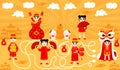 Find way puzzle game for kids for lunar new year, printable worksheet with kids in traditional chinese costumes