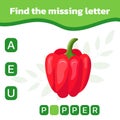 Find and write the missing letter. Worksheet for education. Mini-game for children. Vector illustration Royalty Free Stock Photo