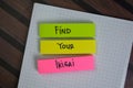 Find Your Ikigai write on sticky notes isolated on Wooden Table