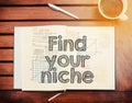 Find your niche : text inside notebook on table with coffee Royalty Free Stock Photo