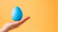 Finders Keepers A Single Blue Easter Egg A hand gently cradles a solid blue Easter egg against a vibrant yellow backdrop Royalty Free Stock Photo