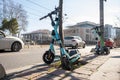 Findikli, Istanbul, Turkey - 02.26.2021: some scooters from different Turkish electric scooter rental companies along the way