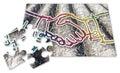 Finding an agreement to the asbestos issues - Handshake against a dangerous asbestos roof - concept image in puzzle shape