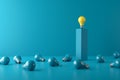 Finding or choosing the best creative idea option. Leading idea. Yellow light bulb on the top of a pedestal podium surrounded by