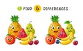 Finding differences. Children game with happy cartoon fruits. Vector illustration for kids book
