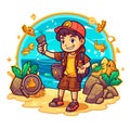Finding Geocaching treasures on the beach. Direction finding by compass or electronic navigation. Cartoon vector illustration. Royalty Free Stock Photo