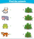 Finding Hiding Animals Child Exercise Sheet cow hippopotamus frog tiger