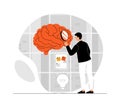 Finding ideas, brainstorming process. Man examines the brain with a magnifier, finding right solutions. Illustration