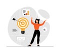 Finding ideas, solutions. Brainstorming and finding solutions to problems. A happy woman find a great idea. Illustration