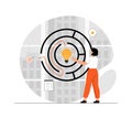 Finding ideas, solutions, brainstorming process. Woman searching for labyrinth exit plan and drawing path from question to answe