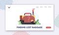Finding Lost Baggage Landing Page Template. Upset Passenger Lose Suitcase at Conveyor. Man with Spyglass Search Luggage