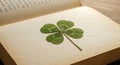 Finding Luck Four Leaf Clover Pressed in Old Book for Keepsake Royalty Free Stock Photo