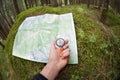 Finding the right position in the forest with a map and compass Royalty Free Stock Photo