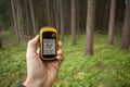 Finding the right position in the forest via gps Royalty Free Stock Photo