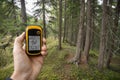 Finding the right position in the forest via gps ( blurred background) Royalty Free Stock Photo