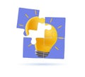 Finding solution, problem solving 3D illustration. Jigsaw puzzle concept with lightbulb for creative solutions.