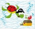 Finding treasure under sea with turtle and hermit crab, vector cartoon illustration