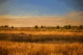 Fine art, artwork. Digital abstract oil painting of an antique hay rake in a farmers field at sunset Royalty Free Stock Photo