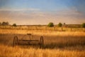 Fine art, artwork. Digital abstract oil painting of an antique hay rake in a farmers field at sunset Royalty Free Stock Photo