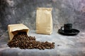 Fine art coffee beans bag and cup Royalty Free Stock Photo