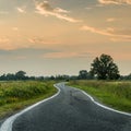 Fine art diminishing perspective winding path in the woods with cyclist in the background. Captured in rural Lombardy, Italy. Royalty Free Stock Photo