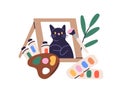 Fine art education concept. Drawing, picture of cat on paper, paints palette, brush, painting supplies, tools Royalty Free Stock Photo