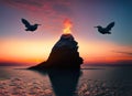 Fine art with lonely rock sculpture in the sea with silhouettes of flying birds. Generative AI Royalty Free Stock Photo